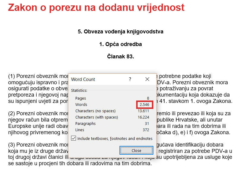 broj reči i karaktera_PDV evidencije Hrvatska